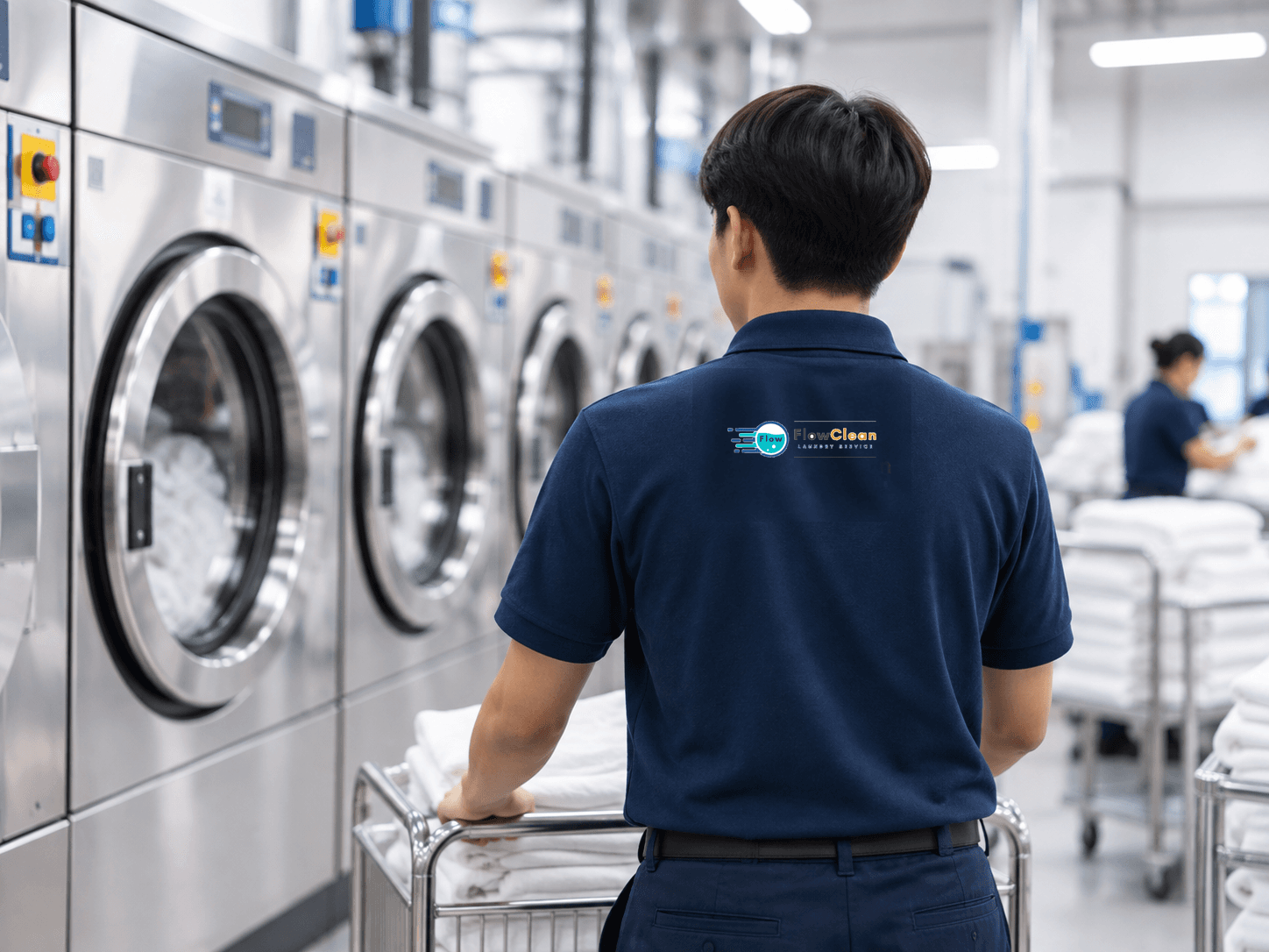 ภาพประกอบพนักงานซักรีดในเสื้อ FlowClean สีน้ำเงินกับบริบทงานซักเชิงพาณิชย์